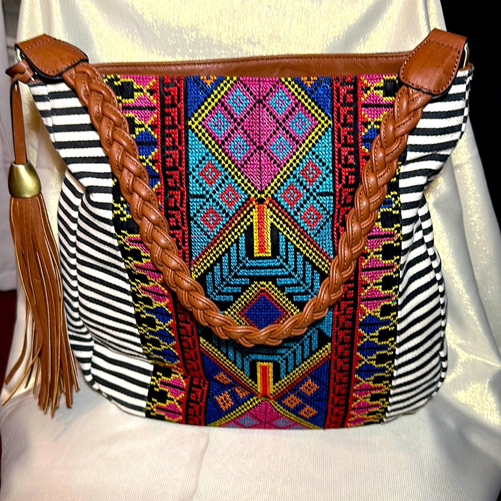 Black & White Stripe with Colorful Front Detail Bucket Purse.